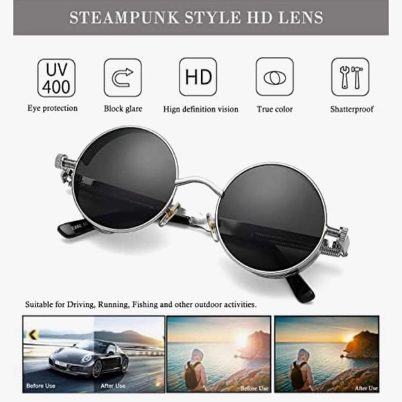 Retro Round Steampunk Silver Metallic Sunglasses UV400 Men & Women Bikercore - Picture 14 of 15